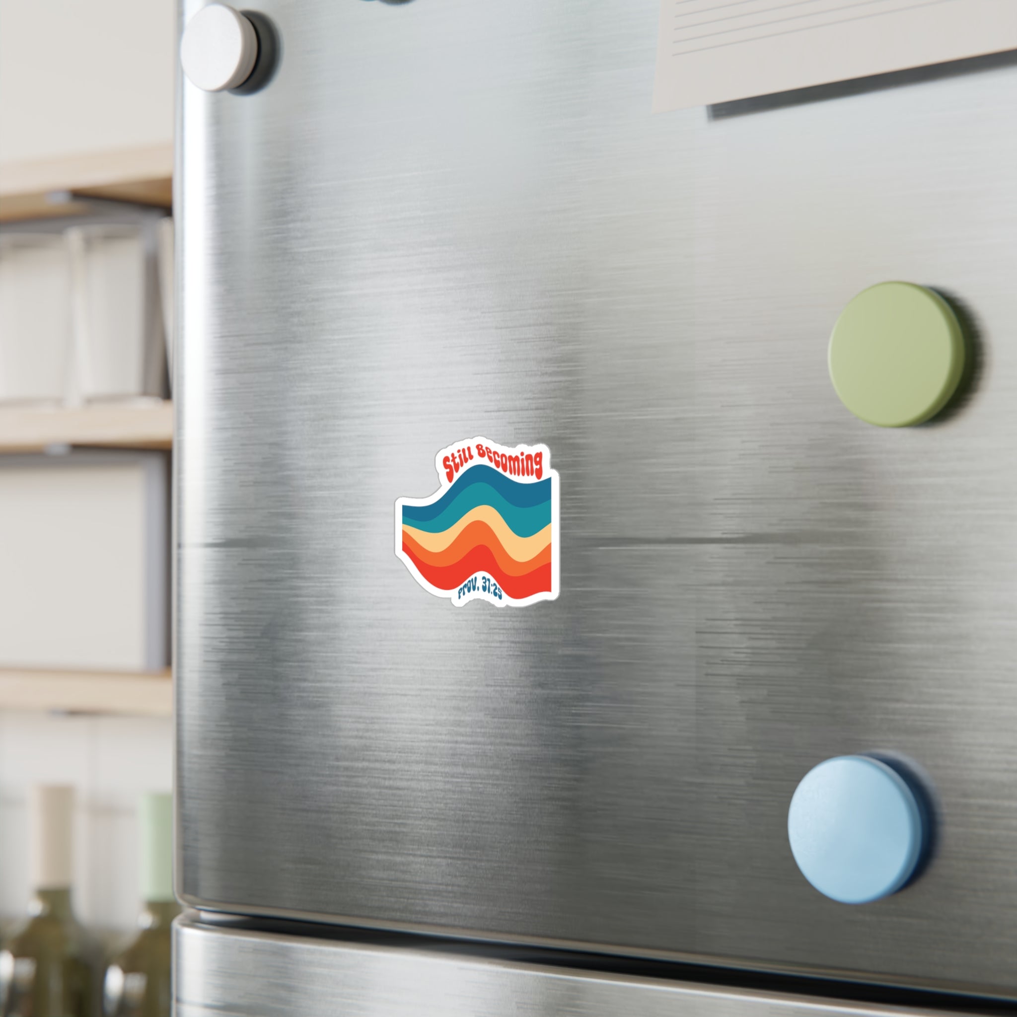 Still Becoming Sticker — Retro Wavy Vinyl Decal (Prov. 31:25)