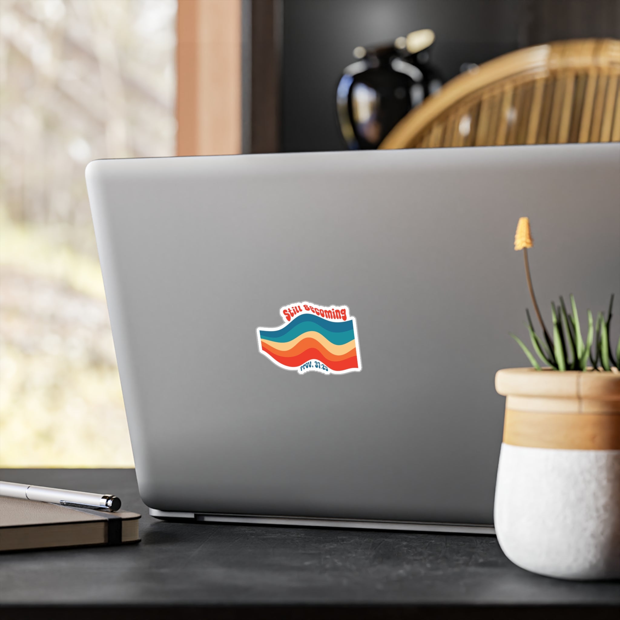Still Becoming Sticker — Retro Wavy Vinyl Decal (Prov. 31:25)